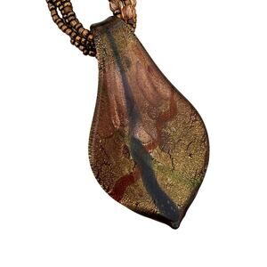 Beaded Copper Multistrand Necklace with Handmade Glass Pendant